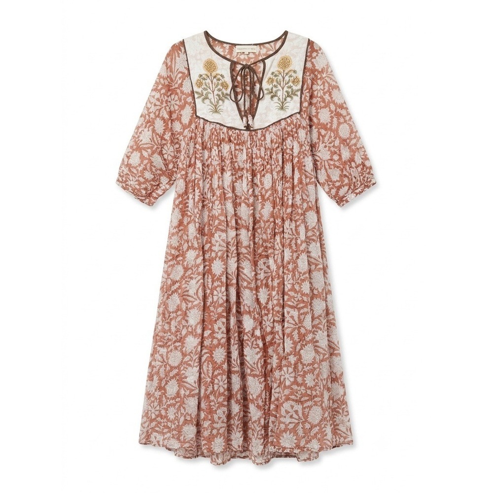 Daughters Of India Midi Dress M Floral Boho Designer Cotton Flowy Peasant Hippie